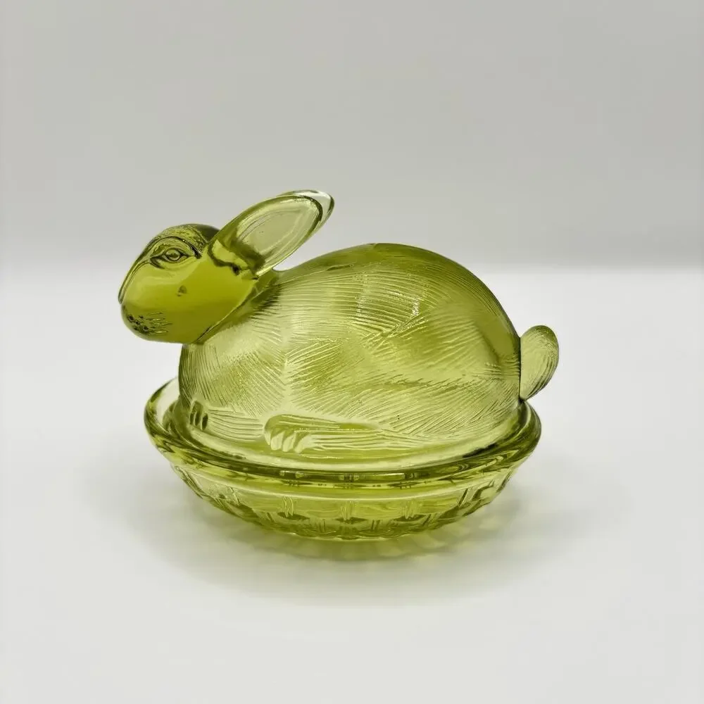Bunny Rabbit On Nest Dish Vintage Green Glass Lidded Decorative Collectible